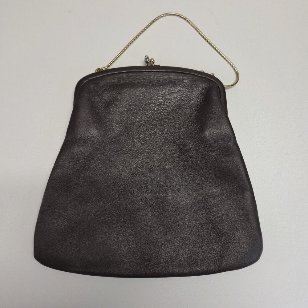 Vintage Hopper Kiss Lock Handbag Brown Leather Frame Clutch Purse 60s USA Made